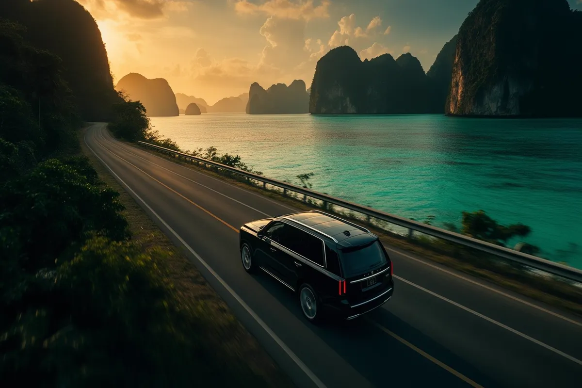 Luxury SUV driving along the Palawan coastline at sunset